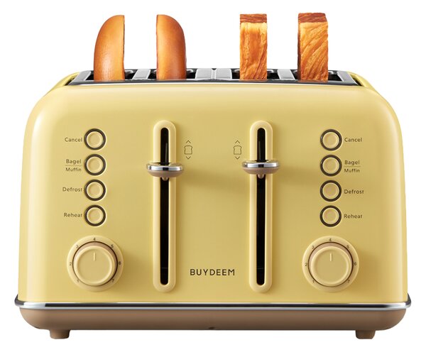 Тостер за хляб BUYDEEM DT640E, 1800W, 4 слота, 7 автоматични програми, 7 степени на препичане, LED индикатори, Тави за трохички, Високо изскачане, Жълт
