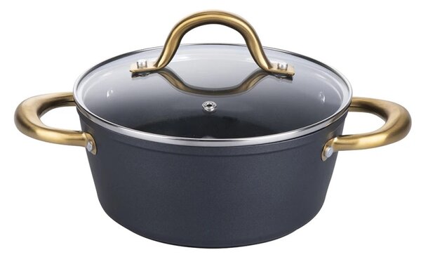 Тенджера Galileo Premium SChef 5916675, 20 см, 1.8 л, Подсилен ръб, Незалепващо покритие PPG, Без PFOA и никел, Индукция, Черен/златист