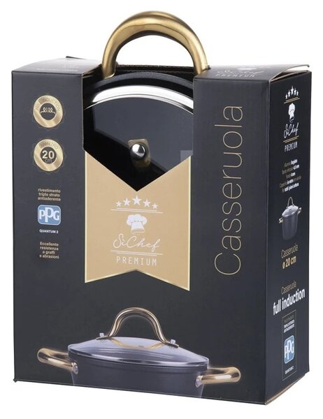 Тенджера Galileo Premium SChef 5916675, 20 см, 1.8 л, Подсилен ръб, Незалепващо покритие PPG, Без PFOA и никел, Индукция, Черен/златист