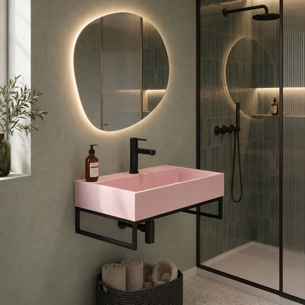 Умивалник МРАМОРЕН КОМПОЗИТ Rea GOYA PINK 60CM + стелаж
