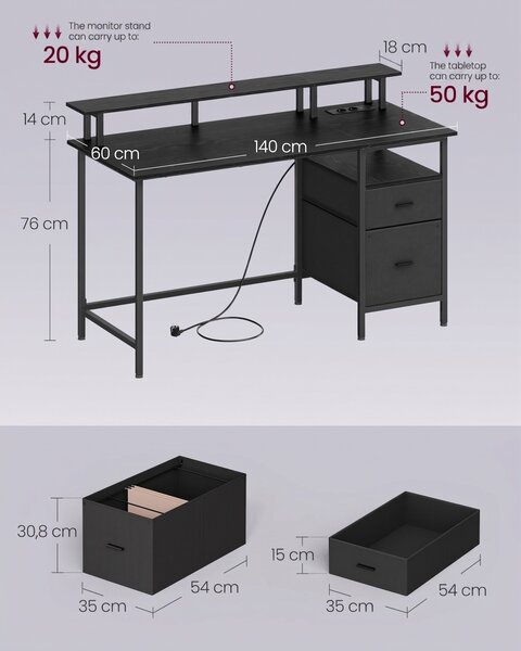 Бюро Vasagle Черно, LED, 2 USB-A, 55 x 135 x 90 см