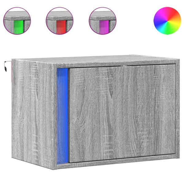 VidaXL Нощно шкафче за стена с LED осветление, сив сонома