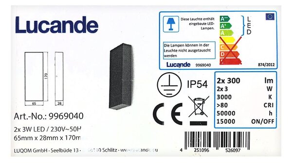 Lucande - LED Екстериорен аплик CORDA 2xLED/3W/230V IP54