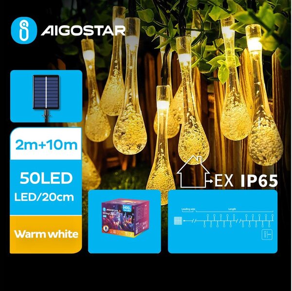 Aigostar - LED соларен декоративен низ 50 LED/8 функции 12м IP65 топло бяло