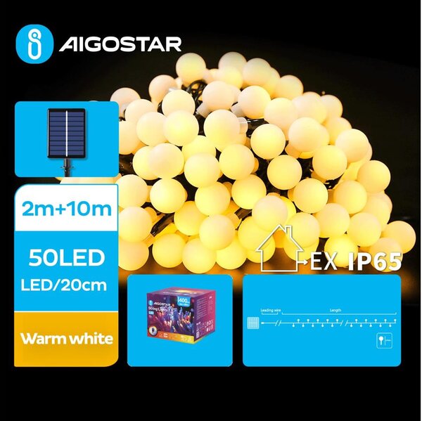 Aigostar - LED соларен декоративен низ 50 LED/8 функции 12м IP65 топло бяло