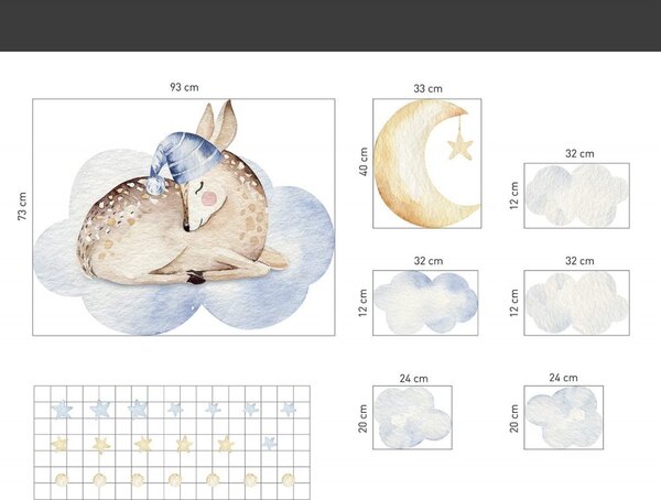 Детски стикер за стена с мотив на спящо еленче върху облак