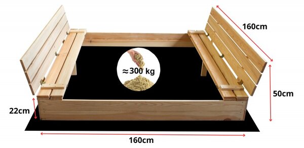 Детски дървен пясъчник с пейки 160 x 160 cm - затварящ се