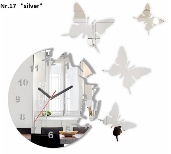 Самозалепващ се стенен часовник с мотив на пеперуда Сребърен