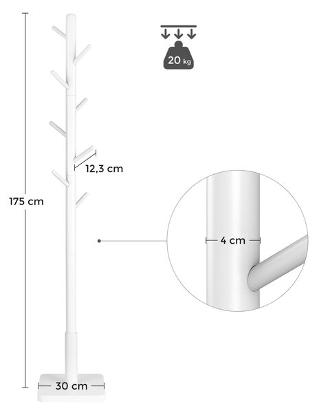 Вертикална закачалка Vasagle от масивно дърво с 8 кукички 175 см бяла