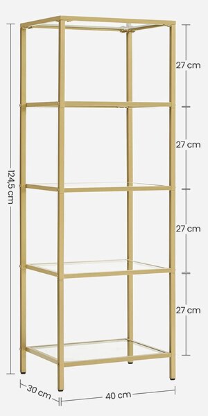 Етажерка Vasagle с 5 рафта от метална златиста рамка и стъклени рафтове