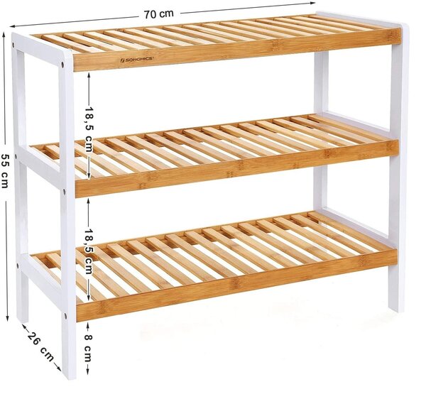 Етажерка от бамбук, естествен/бял 3 рафта 70 x 26 х 55 см