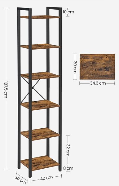 Етажерка с 6 рафта с черна стоманена рамка, рустик кафяви рафтове 30 x 40 x 187,5 см