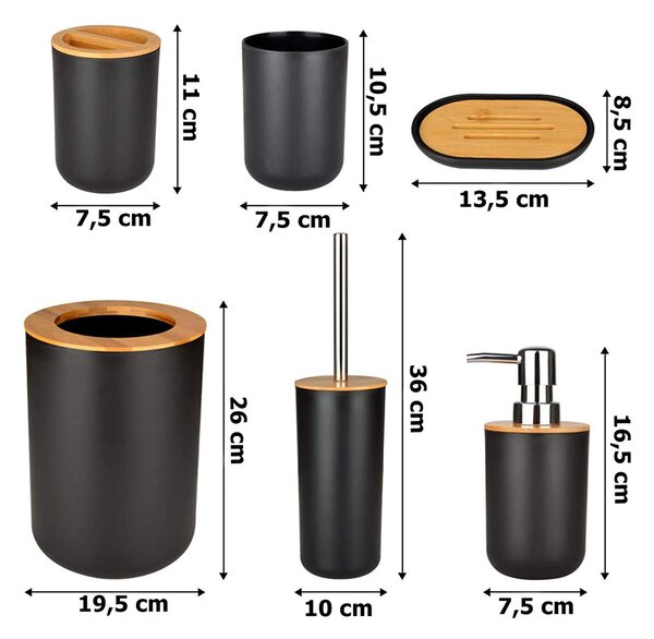 Комплект за баня с 6 аксесоара - черен/бамбук - TIMOR