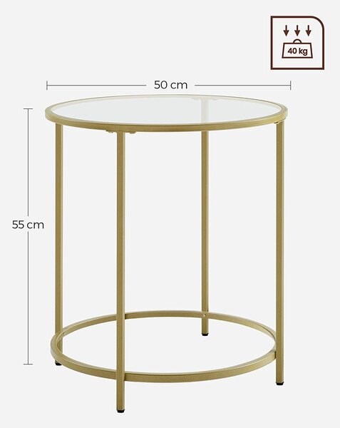 Кръгла маса Vasagle, с метална златиста конструкция и стъклен плот 50 х 50 х 55 см