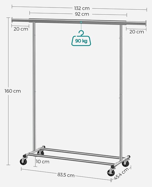 Метална мобилна стойка за дрехи Songmics неръждаема стомана височина 160 см