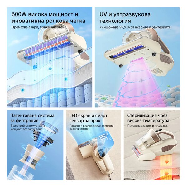 Прахосмукачка против акари JIMMY BX6 Lite, 600 W, 15 kPa, Тупане, Стерилизация чрез нагряване 55C, 6 степенна филтрация, Бежов/Кафяв