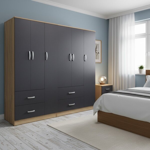 Гардероб с 6 врати, Athos V16, антрацит-дъб, 180x42x180 см