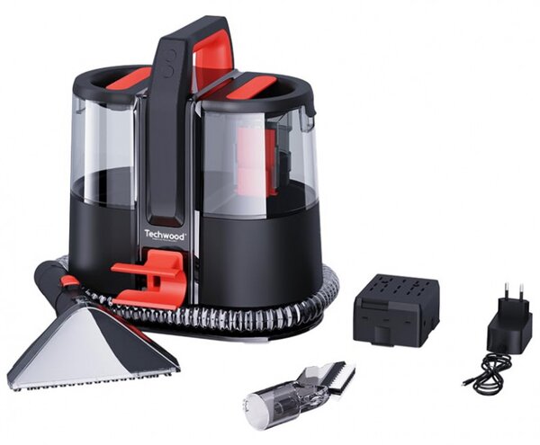 Прахосмукачка за текстил Techwood TAN-8005R, 185W, Li-Ion 220 mAh, Безжична употреба, Резервоар за чиста и отпадъчна вода, 40 мин автономия, 2 скорости, Черен/червен