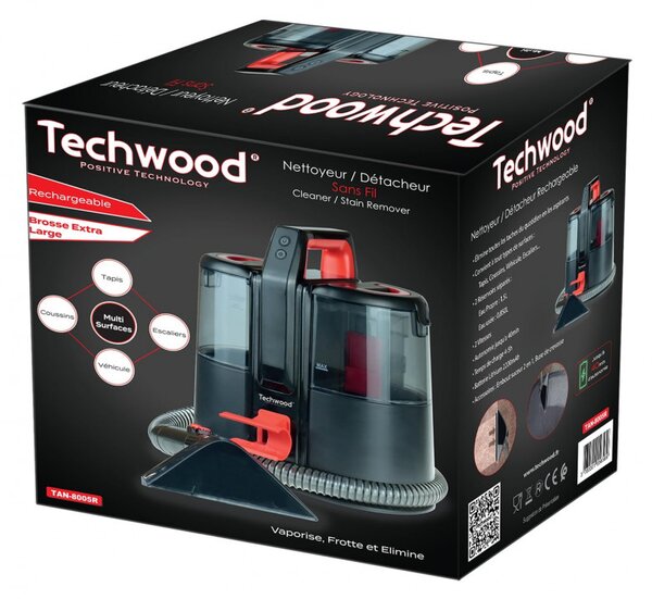 Прахосмукачка за текстил Techwood TAN-8005R, 185W, Li-Ion 220 mAh, Безжична употреба, Резервоар за чиста и отпадъчна вода, 40 мин автономия, 2 скорости, Черен/червен