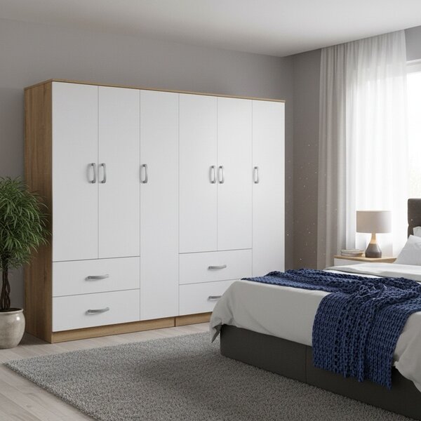 Гардероб с 6 врати, Athos V16, бял-дъб, 180x42x180 см