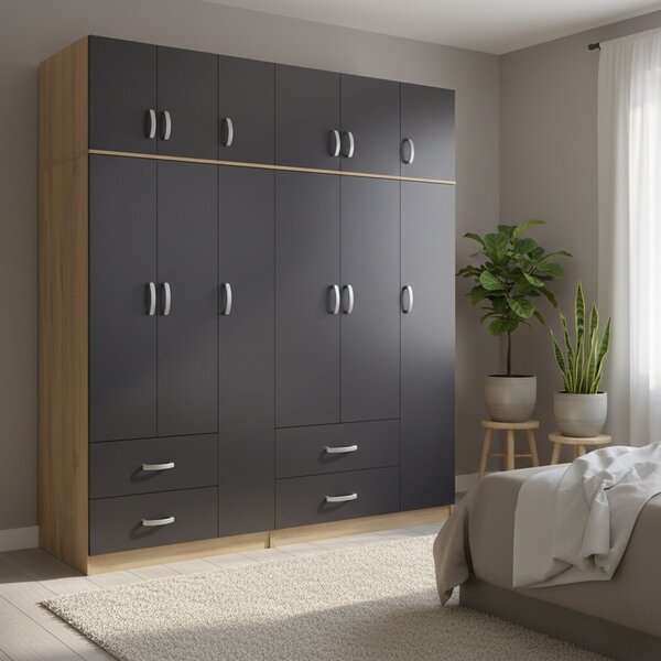 Гардероб с 6 врати, Athos V15, антрацит-дъб, 180x42x240 см