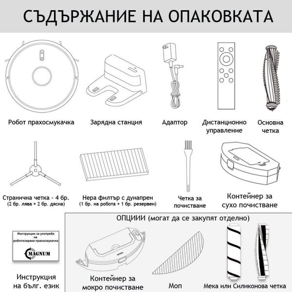 Прахосмукачка робот MAGNUM ONE, Li-Ion 2600 mAh, 30 W, 2700 Pa, Сухо почистване, 3-степенна филтрация, Wi-Fi, Гласов контрол, Черен