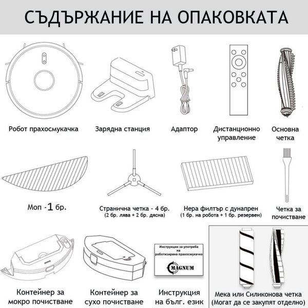 Прахосмукачка робот MAGNUM ONE, Li-Ion 2600 mAh, 30 W, 2700 Pa, Сухо и мокро почистване, 3-степенна филтрация, Wi-Fi, Гласов контрол, Бял