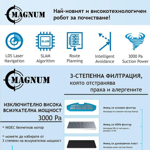 Прахосмукачка робот MAGNUM MAX, Li-ion 3200 mAh, 42W, SMART, 3000 Pa, 0.24 l, Wi-Fi, Гласов контрол, Сухо и мокро почистване, График, HEPA, Разпознаване на стаи, Бял
