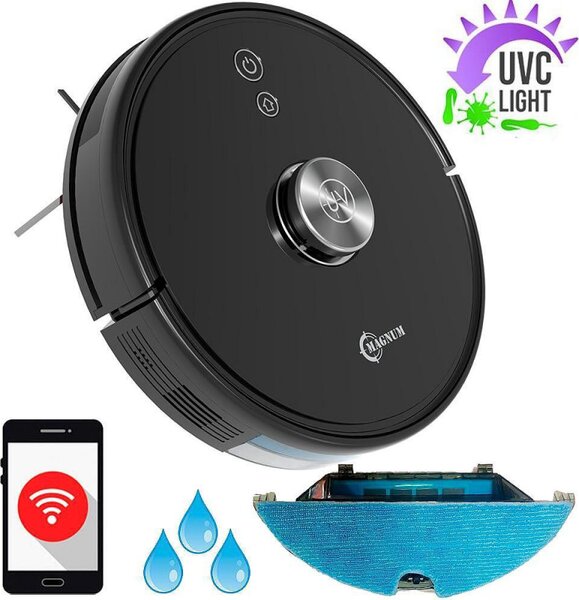 Прахосмукачка робот с UVC лампа за стерилизация MAGNUM UV+, Li-ion 5200 mAh, 50W, 3000 Pa, 3 степени, Wi-Fi, До 280 мин автономност, За до 250 м2, Черен