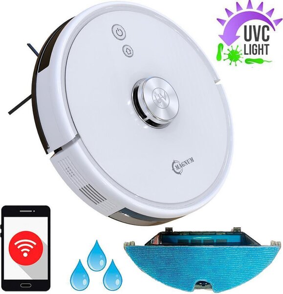 Прахосмукачка робот с UVC лампа за стерилизация MAGNUM UV+, Li-ion 5200 mAh, 50W, 3000 Pa, 3 степени, Wi-Fi, До 280 мин автономност, За до 250 м2, Бял