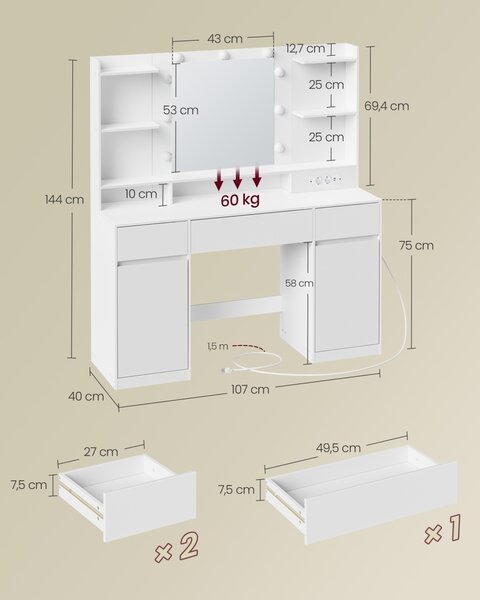 Тоалетка и гримьорна V2 Vasagle, бяла, 107x40x144 см
