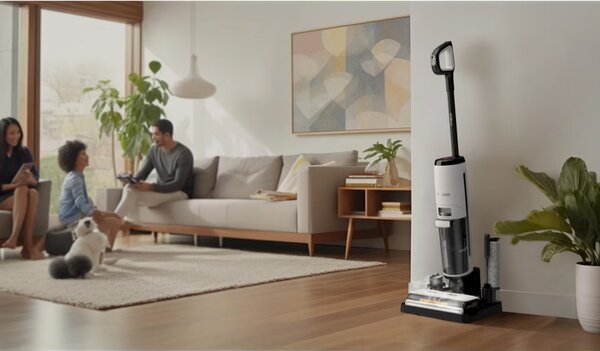 Вертикална прахосмукачка Tineco Floor One S7 Steam Plus 4В1, 240W, Сухо/Мокро, 0.7 л мръсна/0.8 л чиста, LED екран и осветление, Пара + сушене, Бял/черен