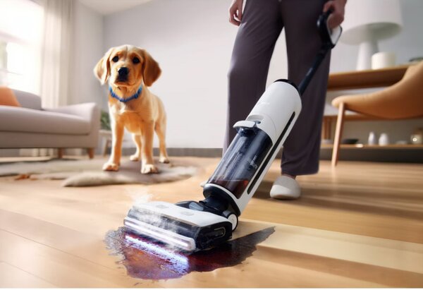Вертикална прахосмукачка Tineco Floor One S7 Steam Plus 4В1, 240W, Сухо/Мокро, 0.7 л мръсна/0.8 л чиста, LED екран и осветление, Пара + сушене, Бял/черен