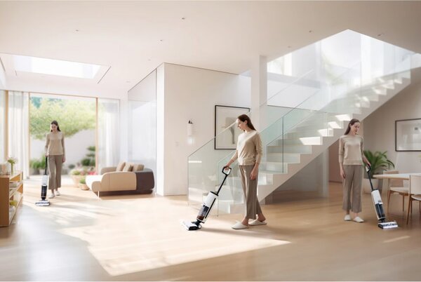 Вертикална прахосмукачка Tineco Floor One S7 Steam Plus 4В1, 240W, Сухо/Мокро, 0.7 л мръсна/0.8 л чиста, LED екран и осветление, Пара + сушене, Бял/черен