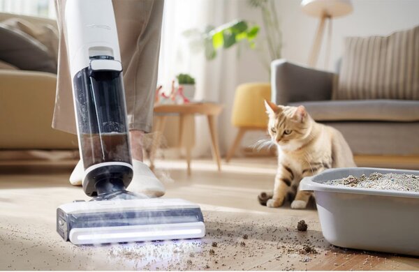 Вертикална прахосмукачка Tineco Floor One S7 Steam Plus 4В1, 240W, Сухо/Мокро, 0.7 л мръсна/0.8 л чиста, LED екран и осветление, Пара + сушене, Бял/черен
