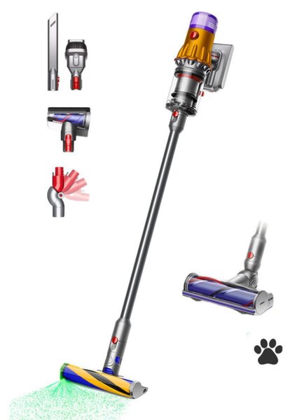 Вертикална прахосмукачка Dyson V12 Slim Detect Absolute 448884-01, 150AW, 340 мл, Автономия 60 мин, 3 режима, Дисплей с данни в реално време, Сензор за прах, Осветление, Никел/жълт