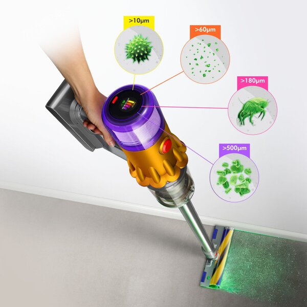 Вертикална прахосмукачка Dyson V12 Slim Detect Absolute 448884-01, 150AW, 340 мл, Автономия 60 мин, 3 режима, Дисплей с данни в реално време, Сензор за прах, Осветление, Никел/жълт