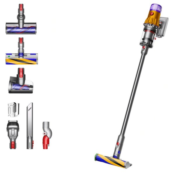 Вертикална прахосмукачка Dyson V12 Slim Detect Absolute 448884-01, 150AW, 340 мл, Автономия 60 мин, 3 режима, Дисплей с данни в реално време, Сензор за прах, Осветление, Никел/жълт