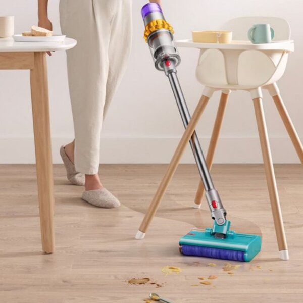 Вертикална прахосмукачка Dyson V12s Detect Slim Submarine 485350-01, 140AW, 0.35 л, 60 мин, Сухо/мокро, 3 режима, HEPA, Сензор за прах, Хигиенично изпразване, LCD с данни в реално време, Никел/жълт