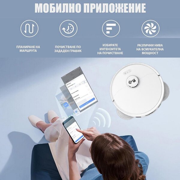 Прахосмукачка робот Magnum PRO, 55W, 10000 Pa, 0.3 л, 130 мин, Wi-Fi, LDS, Гласови известия, Автоматична станция за вода и самопочистване, HEPA, Бял