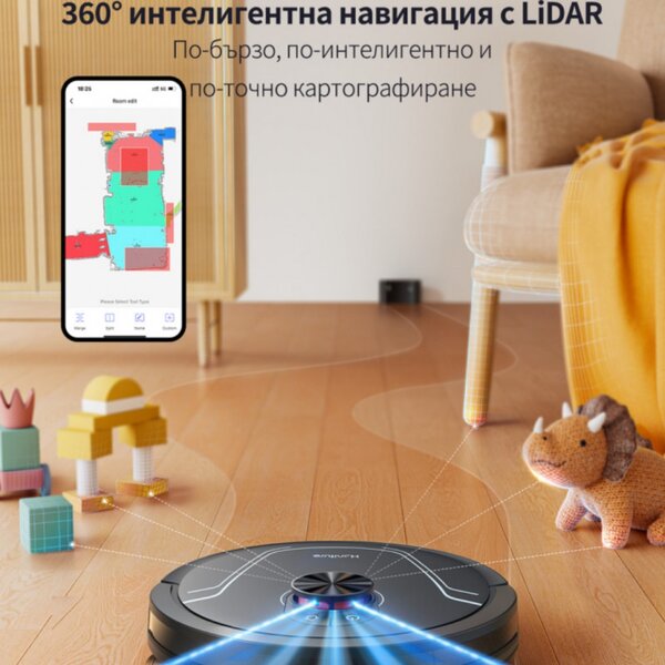 Прахосмукачка робот Honiture V8 Pro CRV549, 5000 Pa, 290 мл, 180 мин, Сухо/мокро, 3 скорости, Автоматични режими, Зони, Гласов контрол, Honysmart, Черен