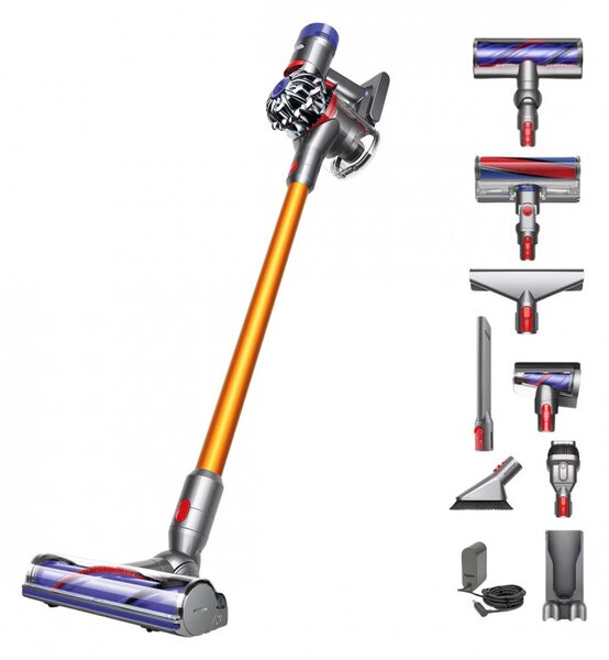 Вертикална прахосмукачка Dyson V8 Absolute SV25 476547-01, 115AW, 0.54 л, 3 режима, Без загуба на мощност, Хигиенично изпразване, Изцяло запечатана филтрация, Сребрист/Оранжев
