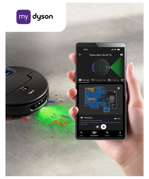 Прахосмукачка робот Dyson Spot+Scrub Ai 586183-01, 18000 Pa, 3 л, Сухо/мокро, Разпознаване на петна, Автоматична станция, Черен/Син