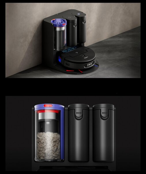 Прахосмукачка робот Dyson Spot+Scrub Ai 586183-01, 18000 Pa, 3 л, Сухо/мокро, Разпознаване на петна, Автоматична станция, Черен/Син