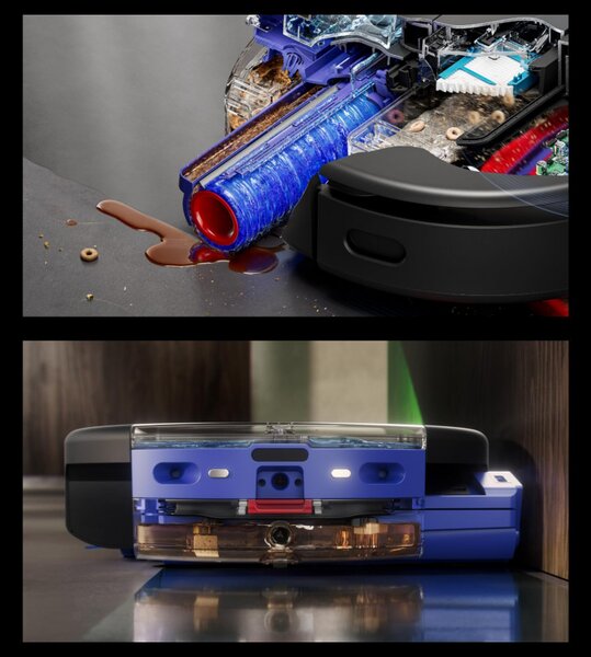 Прахосмукачка робот Dyson Spot+Scrub Ai 586183-01, 18000 Pa, 3 л, Сухо/мокро, Разпознаване на петна, Автоматична станция, Черен/Син