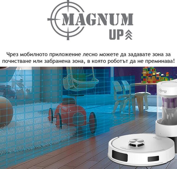 Прахосмукачка робот MAGNUM UP, 45W, 20000Pa, 180 мин, 230 мл, Прозрачен автоматичен контейнер, SMART сензори, Мокро/сухо, Бял