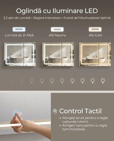 Шкаф за баня с огледало и LED, Tiago, бял, 80x60x16.5 см