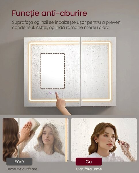 Шкаф за баня с огледало и LED, Tiago, бял, 80x60x16.5 см