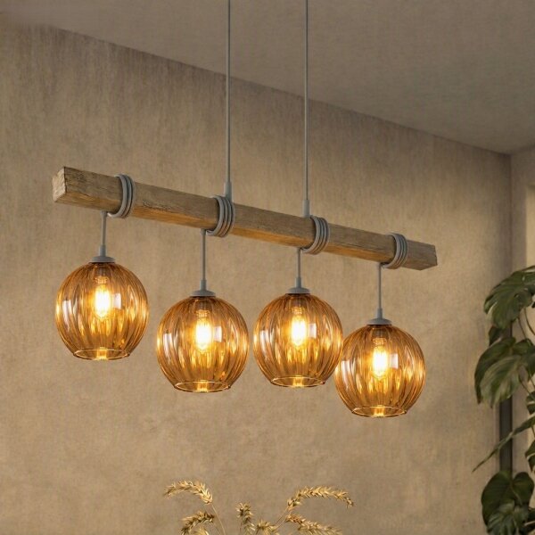 Brilagi - Полилей с кабелно окачване WOOD GLASS 4xE27/60W/230V бор/сив/димчато кафяв