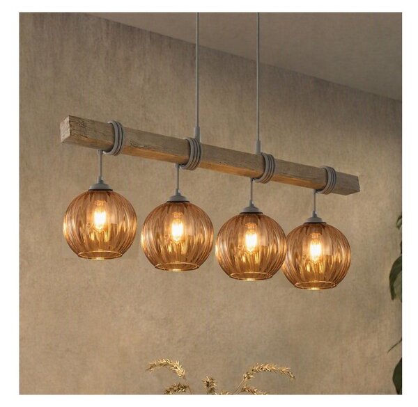 Brilagi - Полилей с кабелно окачване WOOD GLASS 4xE27/60W/230V бор/сив/димчато кафяв